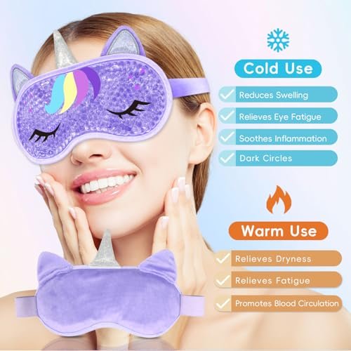 My Novel Things Kühlende Schlafmaske und Schlafbrille im Einhorn-Design – Kalt-/Warmkompresse für trockene Augen, Spa zu Hause, Reise – Kuschelige Augenmaske für Frauen, Teenager (2er-Pack)