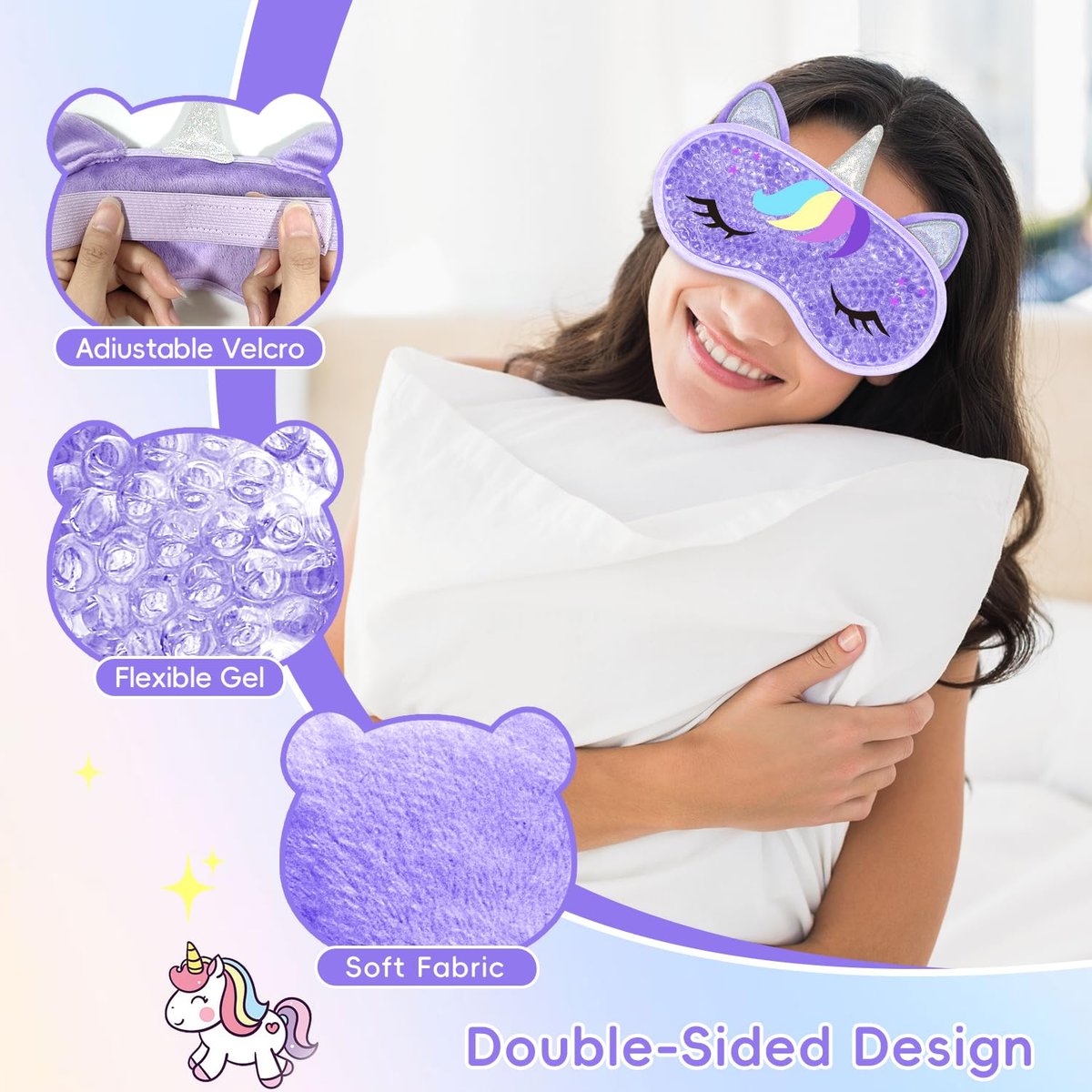 My Novel Things Kühlende Schlafmaske und Schlafbrille im Einhorn-Design – Kalt-/Warmkompresse für trockene Augen, Spa zu Hause, Reise – Kuschelige Augenmaske für Frauen, Teenager (2er-Pack)