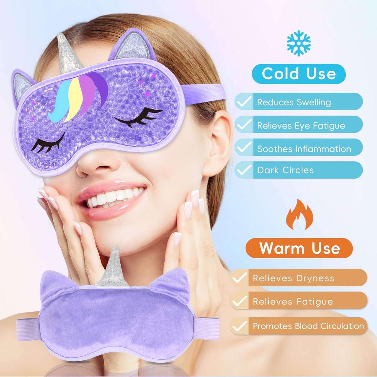 My Novel Things Kühlende Schlafmaske und Schlafbrille im Einhorn-Design – Kalt-/Warmkompresse für trockene Augen, Spa zu Hause, Reise – Kuschelige Augenmaske für Frauen, Teenager (2er-Pack)