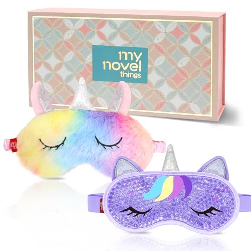 My Novel Things Kühlende Schlafmaske und Schlafbrille im Einhorn-Design – Kalt-/Warmkompresse für trockene Augen, Spa zu Hause, Reise – Kuschelige Augenmaske für Frauen, Teenager (2er-Pack)