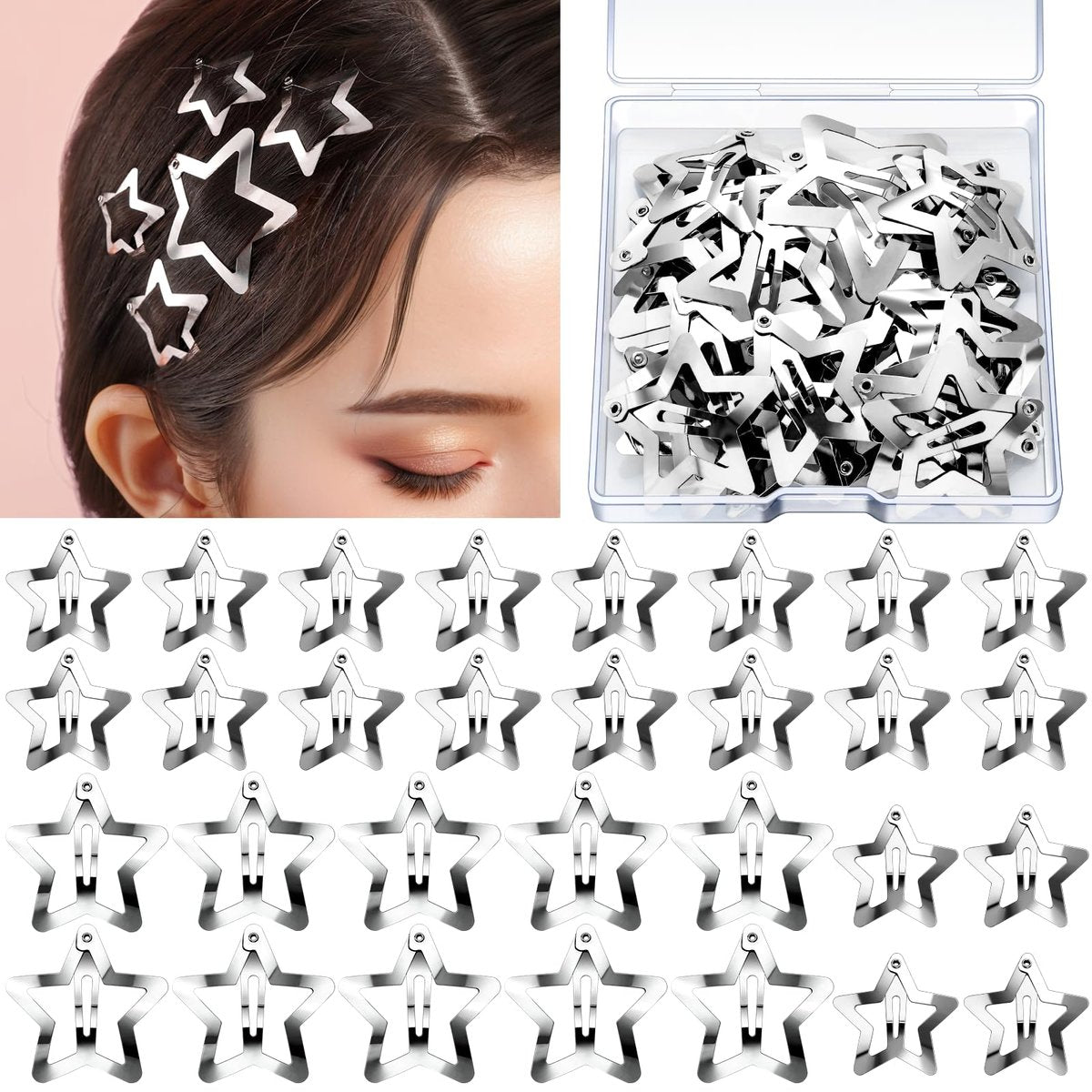 YGDZ Stern Haarspangen und Klammern Set - 20 Stück 1,22 Zoll Y2K Haaraccessoires, 10 Stück 1,61 Zoll Silberklammern für Mädchen und Frauen, Rave Accessoires, Rutschfeste Metall Snap Haarspangen