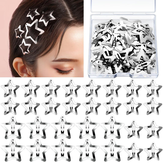 YGDZ Stern Haarspangen und Klammern Set - 20 Stück 1,22 Zoll Y2K Haaraccessoires, 10 Stück 1,61 Zoll Silberklammern für Mädchen und Frauen, Rave Accessoires, Rutschfeste Metall Snap Haarspangen