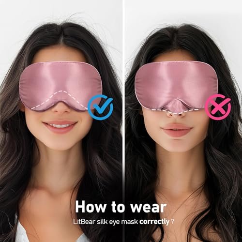 LitBear 100% 22 Momme Maulbeerseide Schlafmaske - 3D Konturierte Augenmaske für Männer und Frauen, weiche atmungsaktive Schlafmaske mit verstellbarem Band, perfekte Lichtblockade für erholsamen Schlaf (Bean Pink)