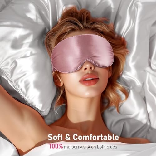 LitBear 100% 22 Momme Maulbeerseide Schlafmaske - 3D Konturierte Augenmaske für Männer und Frauen, weiche atmungsaktive Schlafmaske mit verstellbarem Band, perfekte Lichtblockade für erholsamen Schlaf (Bean Pink)