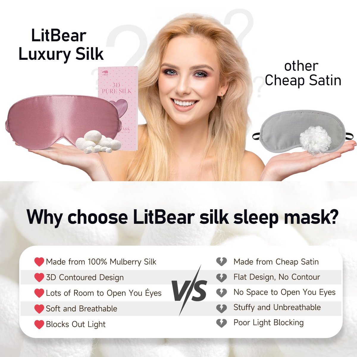 LitBear 100% 22 Momme Maulbeerseide Schlafmaske - 3D Konturierte Augenmaske für Männer und Frauen, weiche atmungsaktive Schlafmaske mit verstellbarem Band, perfekte Lichtblockade für erholsamen Schlaf (Bean Pink)