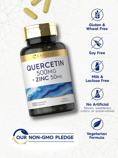 Carlyle Quercetin 500 mg Kapseln mit Zink 50 mg | 100 Stück | Nicht-GVO & Glutenfrei | Nahrungsergänzungsmittel