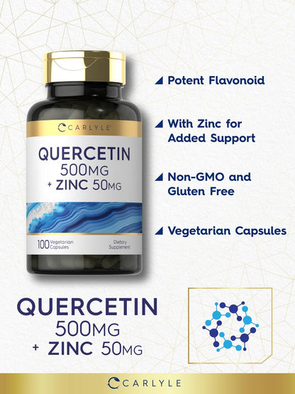 Carlyle Quercetin 500 mg Kapseln mit Zink 50 mg | 100 Stück | Nicht-GVO & Glutenfrei | Nahrungsergänzungsmittel