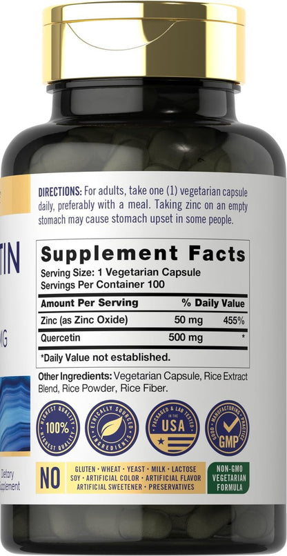 Carlyle Quercetin 500 mg Kapseln mit Zink 50 mg | 100 Stück | Nicht-GVO & Glutenfrei | Nahrungsergänzungsmittel
