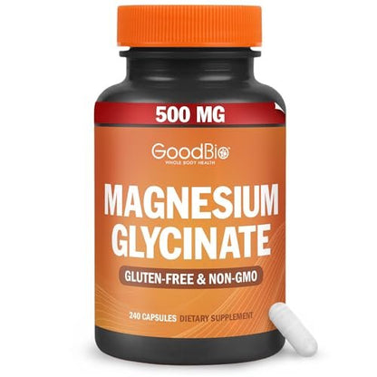 GOODBIO Magnesium Glycinat 500mg – Hochdosiertes Magnesiumpräparat mit hoher Absorption für Stressabbau, Schlaf, Herz- und Knochengesundheit, Nervenunterstützung – Non-GMO, Glutenfrei, Magenfreundlich, 240 Kapseln