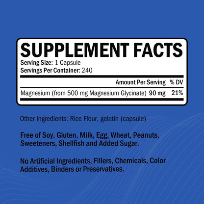 GOODBIO Magnesium Glycinat 500mg – Hochdosiertes Magnesiumpräparat mit hoher Absorption für Stressabbau, Schlaf, Herz- und Knochengesundheit, Nervenunterstützung – Non-GMO, Glutenfrei, Magenfreundlich, 240 Kapseln