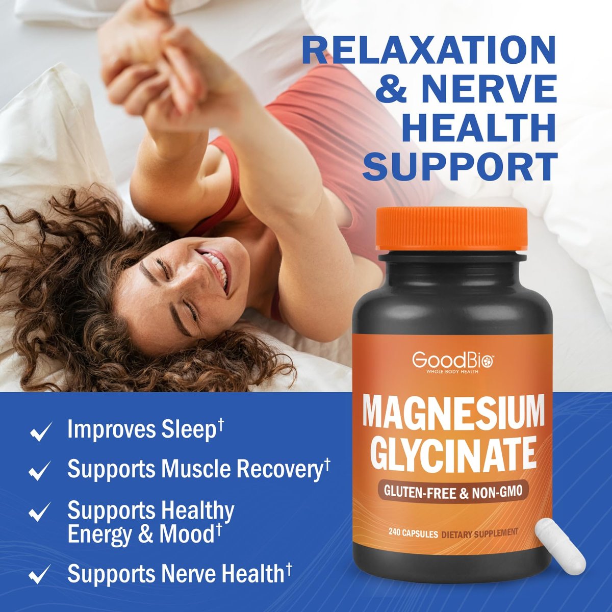 GOODBIO Magnesium Glycinat 500mg – Hochdosiertes Magnesiumpräparat mit hoher Absorption für Stressabbau, Schlaf, Herz- und Knochengesundheit, Nervenunterstützung – Non-GMO, Glutenfrei, Magenfreundlich, 240 Kapseln