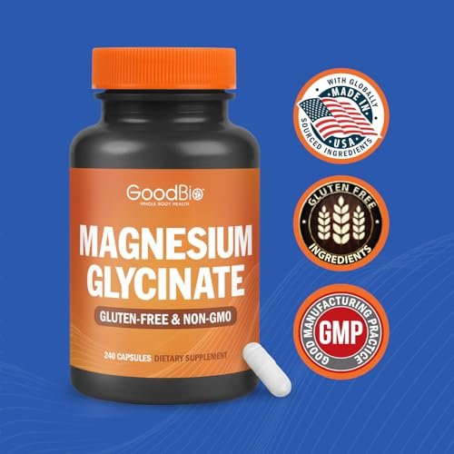 GOODBIO Magnesium Glycinat 500mg – Hochdosiertes Magnesiumpräparat mit hoher Absorption für Stressabbau, Schlaf, Herz- und Knochengesundheit, Nervenunterstützung – Non-GMO, Glutenfrei, Magenfreundlich, 240 Kapseln