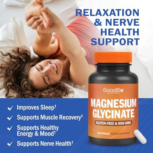 GOODBIO Magnesium Glycinat 500mg – Hochdosiertes Magnesiumpräparat mit hoher Absorption für Stressabbau, Schlaf, Herz- und Knochengesundheit, Nervenunterstützung – Non-GMO, Glutenfrei, Magenfreundlich, 240 Kapseln