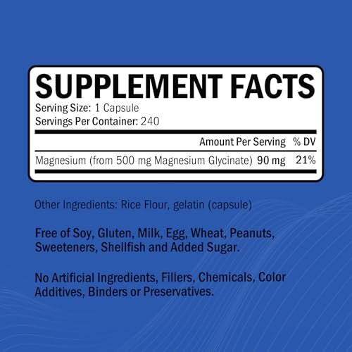 GOODBIO Magnesium Glycinat 500mg – Hochdosiertes Magnesiumpräparat mit hoher Absorption für Stressabbau, Schlaf, Herz- und Knochengesundheit, Nervenunterstützung – Non-GMO, Glutenfrei, Magenfreundlich, 240 Kapseln