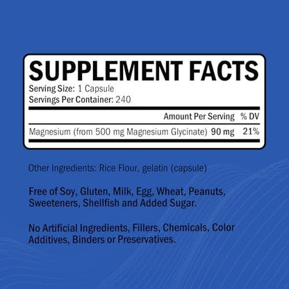 GOODBIO Magnesium Glycinat 500mg – Hochdosiertes Magnesiumpräparat mit hoher Absorption für Stressabbau, Schlaf, Herz- und Knochengesundheit, Nervenunterstützung – Non-GMO, Glutenfrei, Magenfreundlich, 240 Kapseln