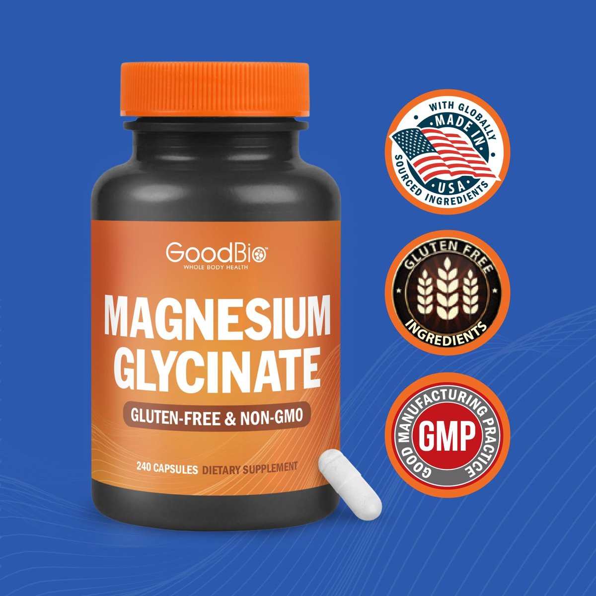 GOODBIO Magnesium Glycinat 500mg – Hochdosiertes Magnesiumpräparat mit hoher Absorption für Stressabbau, Schlaf, Herz- und Knochengesundheit, Nervenunterstützung – Non-GMO, Glutenfrei, Magenfreundlich, 240 Kapseln
