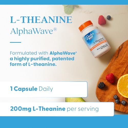 Doctor's Best L-Theanin Kapseln 200 mg für Männer & Frauen – L-Theanin AlphaWave Nahrungsergänzungsmittel für Ruhe & Fokus, hilft Stress zu reduzieren, vegan, glutenfrei, sojafrei, nicht gentechnisch verändert – 60 vegane Kapseln