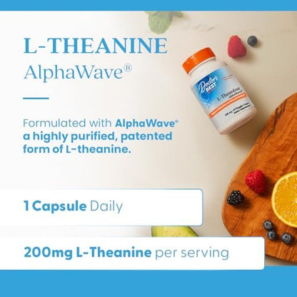 Doctor's Best L-Theanin Kapseln 200 mg für Männer & Frauen – L-Theanin AlphaWave Nahrungsergänzungsmittel für Ruhe & Fokus, hilft Stress zu reduzieren, vegan, glutenfrei, sojafrei, nicht gentechnisch verändert – 60 vegane Kapseln
