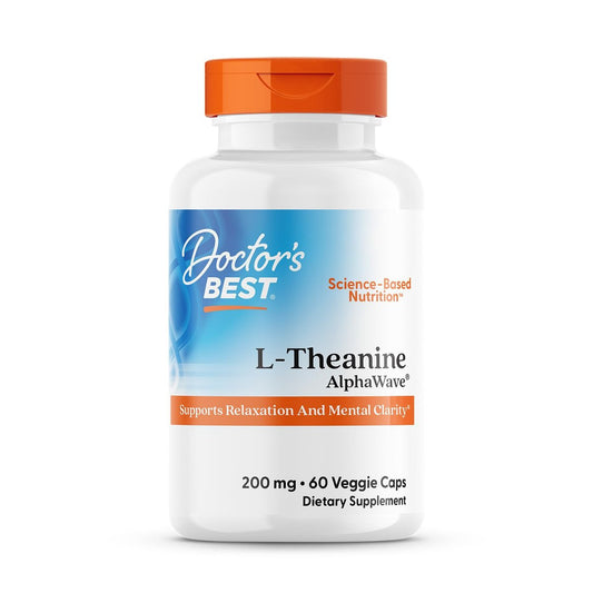 Doctor's Best L-Theanin Kapseln 200 mg für Männer & Frauen – L-Theanin AlphaWave Nahrungsergänzungsmittel für Ruhe & Fokus, hilft Stress zu reduzieren, vegan, glutenfrei, sojafrei, nicht gentechnisch verändert – 60 vegane Kapseln