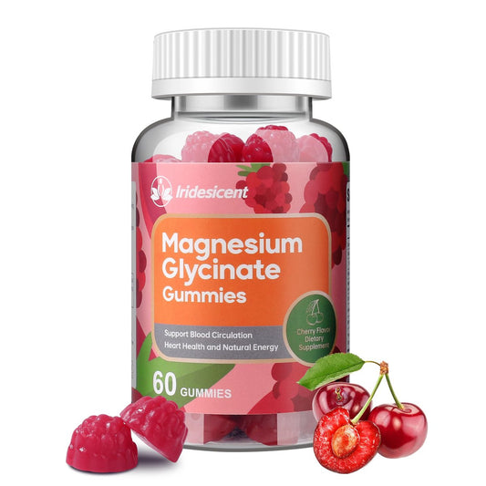 IRIDESICENT Magnesium Glycinat Gummibärchen, Zuckerfrei mit Ashwagandha, Zink, Vegan - 60 Kirsch-Gummis
