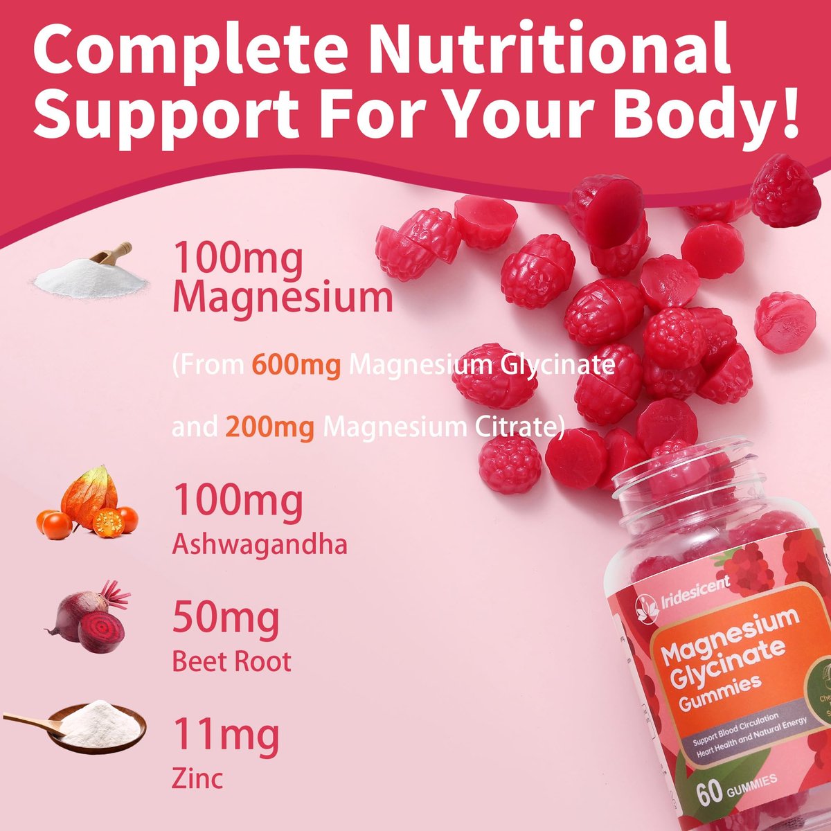IRIDESICENT Magnesium Glycinat Gummibärchen, Zuckerfrei mit Ashwagandha, Zink, Vegan - 60 Kirsch-Gummis