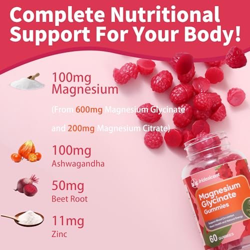 IRIDESICENT Magnesium Glycinat Gummibärchen, Zuckerfrei mit Ashwagandha, Zink, Vegan - 60 Kirsch-Gummis