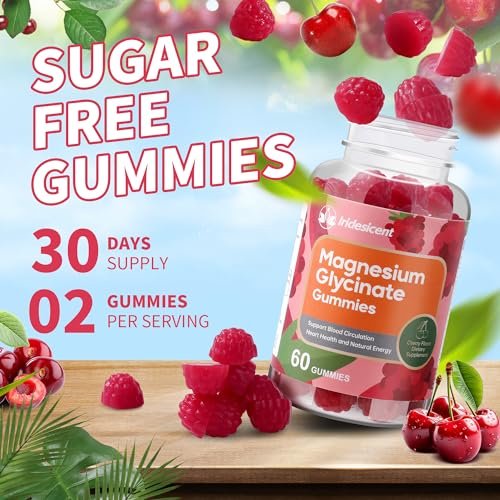 IRIDESICENT Magnesium Glycinat Gummibärchen, Zuckerfrei mit Ashwagandha, Zink, Vegan - 60 Kirsch-Gummis