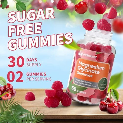 IRIDESICENT Magnesium Glycinat Gummibärchen, Zuckerfrei mit Ashwagandha, Zink, Vegan - 60 Kirsch-Gummis