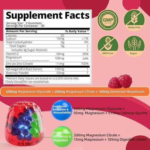 IRIDESICENT Magnesium Glycinat Gummibärchen, Zuckerfrei mit Ashwagandha, Zink, Vegan - 60 Kirsch-Gummis