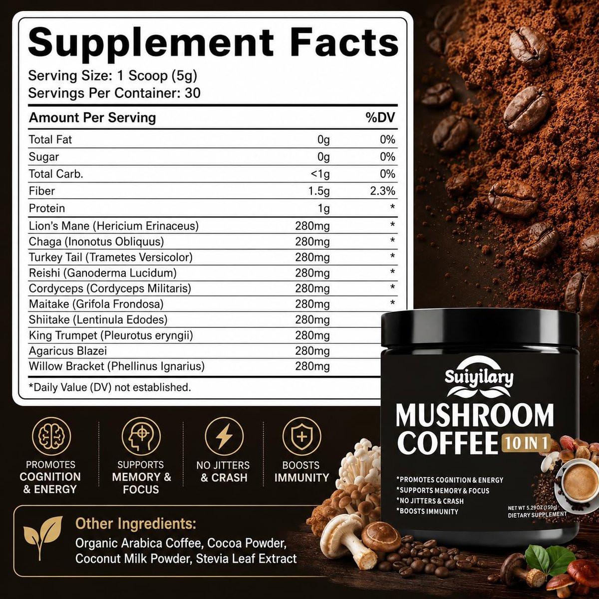 Suiyilary Pilz Kaffee, 10 Pilzextrakt-Pulver-Mischung mit Löwenmähne, Reishi, Chaga, Cordyceps, Truthahnschwanz – Hirnnahrung mit Instantkaffee für Energie, Fokus, Gedächtnis und Immunität, 150 g
