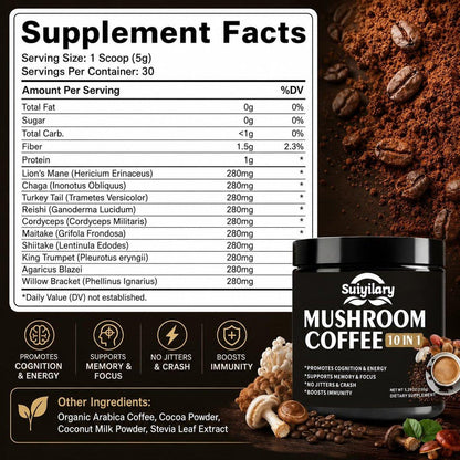 Suiyilary Pilz Kaffee, 10 Pilzextrakt-Pulver-Mischung mit Löwenmähne, Reishi, Chaga, Cordyceps, Truthahnschwanz – Hirnnahrung mit Instantkaffee für Energie, Fokus, Gedächtnis und Immunität, 150 g