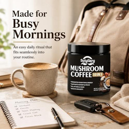 Suiyilary Pilz Kaffee, 10 Pilzextrakt-Pulver-Mischung mit Löwenmähne, Reishi, Chaga, Cordyceps, Truthahnschwanz – Hirnnahrung mit Instantkaffee für Energie, Fokus, Gedächtnis und Immunität, 150 g