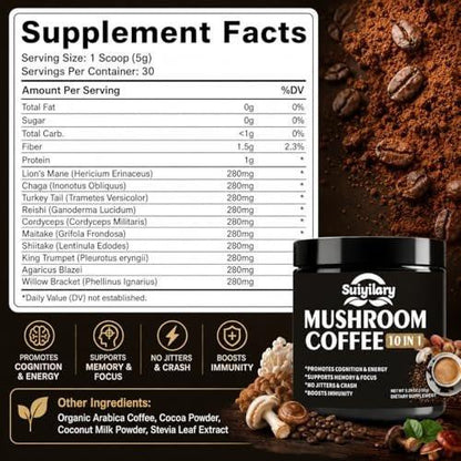 Suiyilary Pilz Kaffee, 10 Pilzextrakt-Pulver-Mischung mit Löwenmähne, Reishi, Chaga, Cordyceps, Truthahnschwanz – Hirnnahrung mit Instantkaffee für Energie, Fokus, Gedächtnis und Immunität, 150 g