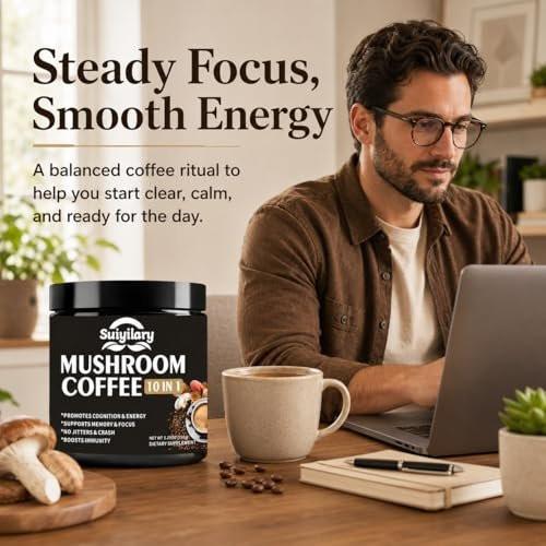 Suiyilary Pilz Kaffee, 10 Pilzextrakt-Pulver-Mischung mit Löwenmähne, Reishi, Chaga, Cordyceps, Truthahnschwanz – Hirnnahrung mit Instantkaffee für Energie, Fokus, Gedächtnis und Immunität, 150 g
