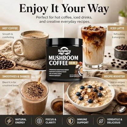 Suiyilary Pilz Kaffee, 10 Pilzextrakt-Pulver-Mischung mit Löwenmähne, Reishi, Chaga, Cordyceps, Truthahnschwanz – Hirnnahrung mit Instantkaffee für Energie, Fokus, Gedächtnis und Immunität, 150 g