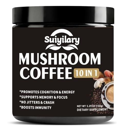 Suiyilary Pilz Kaffee, 10 Pilzextrakt-Pulver-Mischung mit Löwenmähne, Reishi, Chaga, Cordyceps, Truthahnschwanz – Hirnnahrung mit Instantkaffee für Energie, Fokus, Gedächtnis und Immunität, 150 g