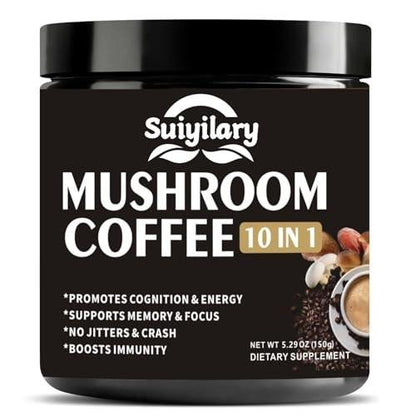 Suiyilary Pilz Kaffee, 10 Pilzextrakt-Pulver-Mischung mit Löwenmähne, Reishi, Chaga, Cordyceps, Truthahnschwanz – Hirnnahrung mit Instantkaffee für Energie, Fokus, Gedächtnis und Immunität, 150 g