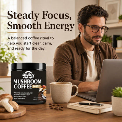 Suiyilary Pilz Kaffee, 10 Pilzextrakt-Pulver-Mischung mit Löwenmähne, Reishi, Chaga, Cordyceps, Truthahnschwanz – Hirnnahrung mit Instantkaffee für Energie, Fokus, Gedächtnis und Immunität, 150 g