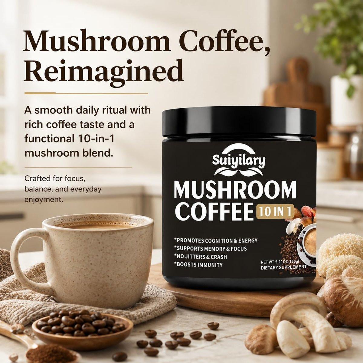 Suiyilary Pilz Kaffee, 10 Pilzextrakt-Pulver-Mischung mit Löwenmähne, Reishi, Chaga, Cordyceps, Truthahnschwanz – Hirnnahrung mit Instantkaffee für Energie, Fokus, Gedächtnis und Immunität, 150 g