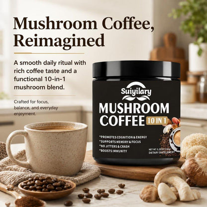 Suiyilary Pilz Kaffee, 10 Pilzextrakt-Pulver-Mischung mit Löwenmähne, Reishi, Chaga, Cordyceps, Truthahnschwanz – Hirnnahrung mit Instantkaffee für Energie, Fokus, Gedächtnis und Immunität, 150 g