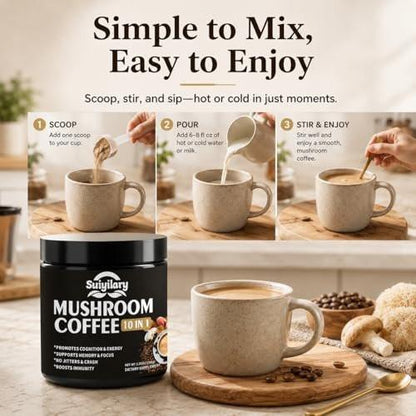 Suiyilary Pilz Kaffee, 10 Pilzextrakt-Pulver-Mischung mit Löwenmähne, Reishi, Chaga, Cordyceps, Truthahnschwanz – Hirnnahrung mit Instantkaffee für Energie, Fokus, Gedächtnis und Immunität, 150 g