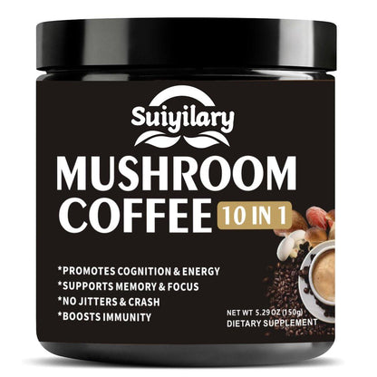 Suiyilary Pilz Kaffee, 10 Pilzextrakt-Pulver-Mischung mit Löwenmähne, Reishi, Chaga, Cordyceps, Truthahnschwanz – Hirnnahrung mit Instantkaffee für Energie, Fokus, Gedächtnis und Immunität, 150 g