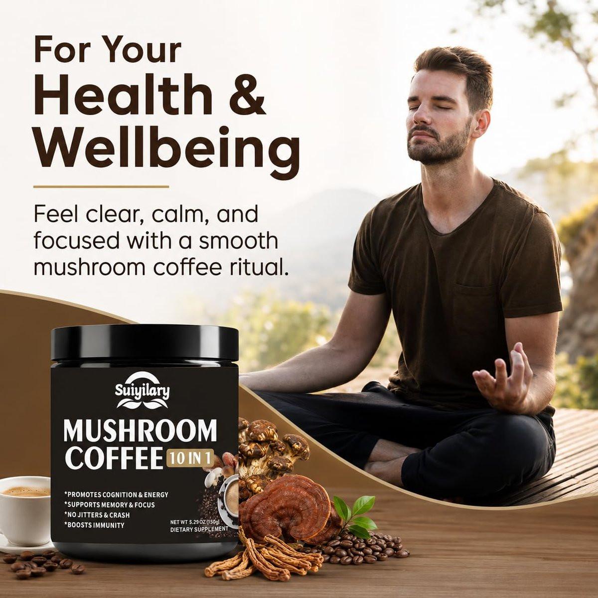 Suiyilary Pilz Kaffee, 10 Pilzextrakt-Pulver-Mischung mit Löwenmähne, Reishi, Chaga, Cordyceps, Truthahnschwanz – Hirnnahrung mit Instantkaffee für Energie, Fokus, Gedächtnis und Immunität, 150 g