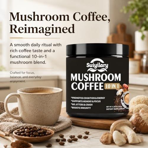 Suiyilary Pilz Kaffee, 10 Pilzextrakt-Pulver-Mischung mit Löwenmähne, Reishi, Chaga, Cordyceps, Truthahnschwanz – Hirnnahrung mit Instantkaffee für Energie, Fokus, Gedächtnis und Immunität, 150 g
