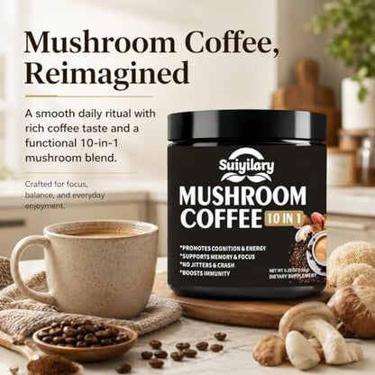 Suiyilary Pilz Kaffee, 10 Pilzextrakt-Pulver-Mischung mit Löwenmähne, Reishi, Chaga, Cordyceps, Truthahnschwanz – Hirnnahrung mit Instantkaffee für Energie, Fokus, Gedächtnis und Immunität, 150 g