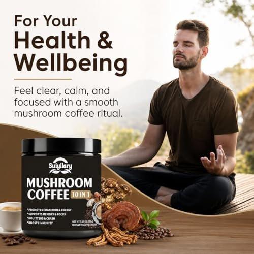 Suiyilary Pilz Kaffee, 10 Pilzextrakt-Pulver-Mischung mit Löwenmähne, Reishi, Chaga, Cordyceps, Truthahnschwanz – Hirnnahrung mit Instantkaffee für Energie, Fokus, Gedächtnis und Immunität, 150 g