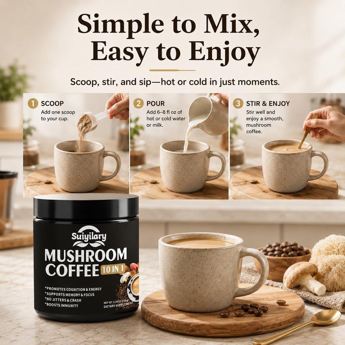 Suiyilary Pilz Kaffee, 10 Pilzextrakt-Pulver-Mischung mit Löwenmähne, Reishi, Chaga, Cordyceps, Truthahnschwanz – Hirnnahrung mit Instantkaffee für Energie, Fokus, Gedächtnis und Immunität, 150 g