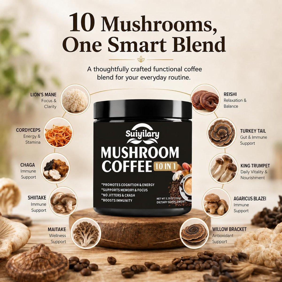 Suiyilary Pilz Kaffee, 10 Pilzextrakt-Pulver-Mischung mit Löwenmähne, Reishi, Chaga, Cordyceps, Truthahnschwanz – Hirnnahrung mit Instantkaffee für Energie, Fokus, Gedächtnis und Immunität, 150 g