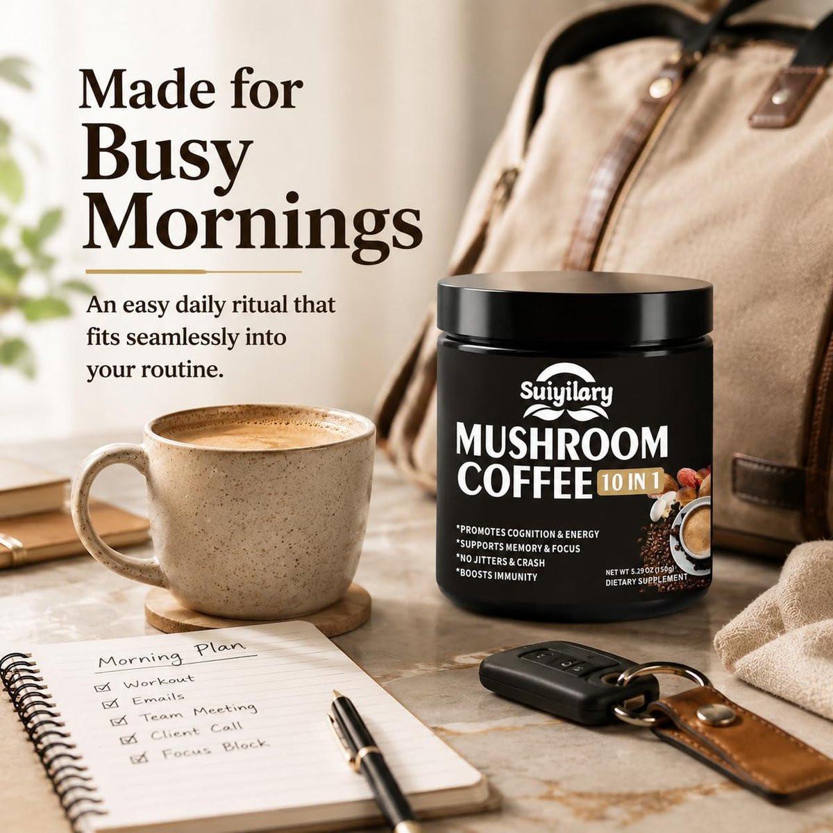 Suiyilary Pilz Kaffee, 10 Pilzextrakt-Pulver-Mischung mit Löwenmähne, Reishi, Chaga, Cordyceps, Truthahnschwanz – Hirnnahrung mit Instantkaffee für Energie, Fokus, Gedächtnis und Immunität, 150 g
