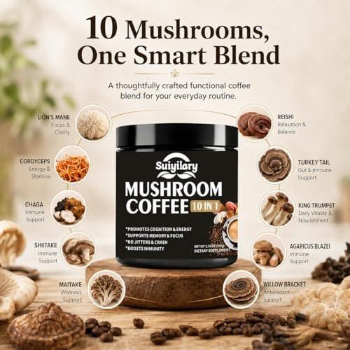 Suiyilary Pilz Kaffee, 10 Pilzextrakt-Pulver-Mischung mit Löwenmähne, Reishi, Chaga, Cordyceps, Truthahnschwanz – Hirnnahrung mit Instantkaffee für Energie, Fokus, Gedächtnis und Immunität, 150 g